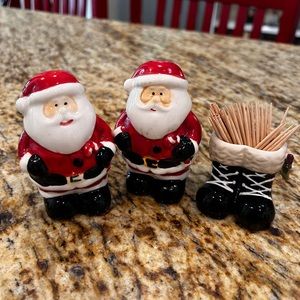 Ceramic Santa Salt & Pepper Shakers with Santa Boots Toothpick Holder